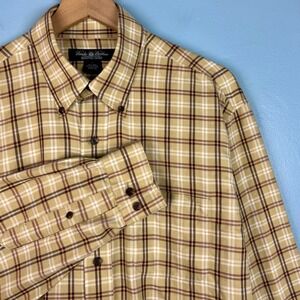 Brooks Brothers Country Club Men's Large Tan Plaid Cashmere Blend Button Shirt